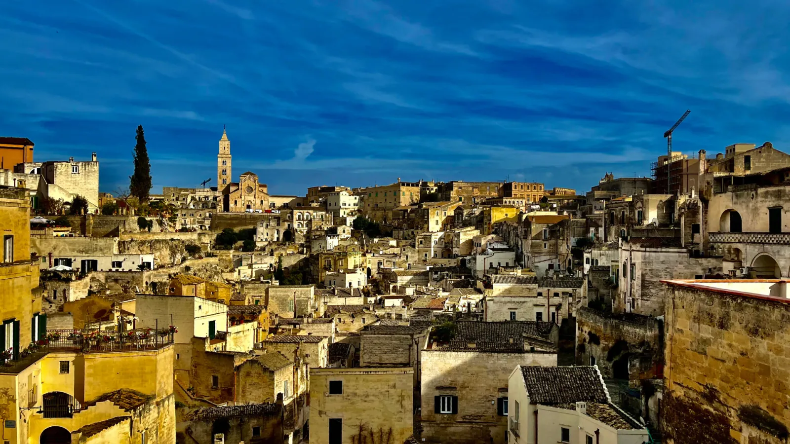 Golden-lit stone houses and rooftops of Matera under a deep blue sky, with the bell tower and a cypress tree.
