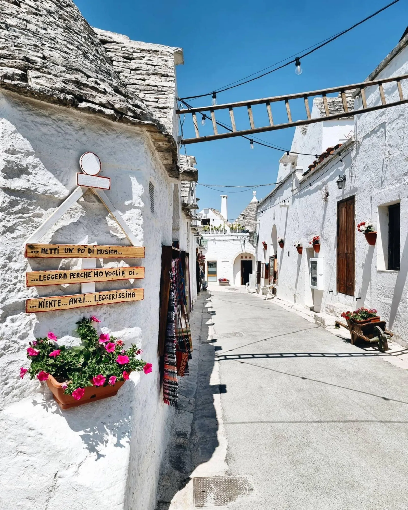 A narrow whitewashed lane in Alberobello with trulli, wooden signs and a pot of pink flowers.