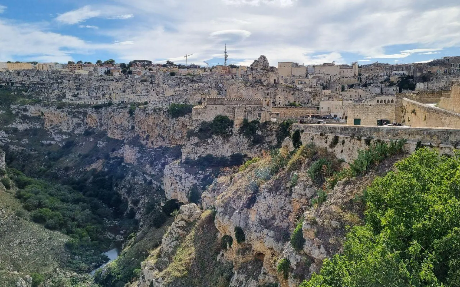 The Gravina gorge with steep rocky slopes and trees below Matera's old town on the opposite rim.